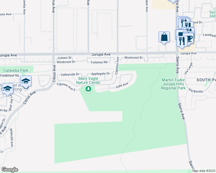 map of restaurants, bars, coffee shops, grocery stores, and more near 16438 Gala Avenue in Fontana