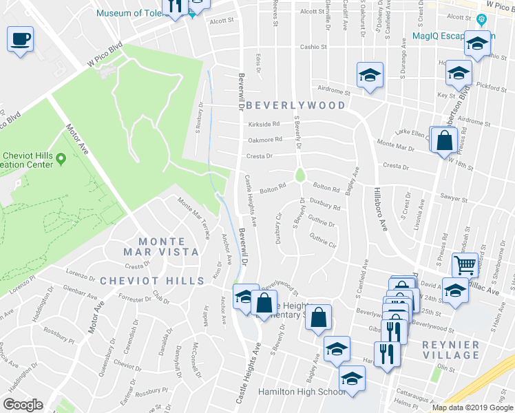map of restaurants, bars, coffee shops, grocery stores, and more near 2122 Castle Heights Avenue in Los Angeles