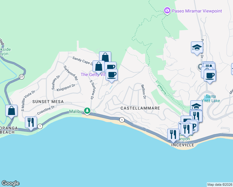 map of restaurants, bars, coffee shops, grocery stores, and more near 17907 Tramonto Drive in Los Angeles