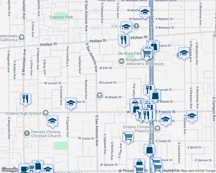 map of restaurants, bars, coffee shops, grocery stores, and more near 517 West Locust Street in Ontario