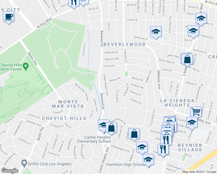 map of restaurants, bars, coffee shops, grocery stores, and more near 2122 Castle Heights Avenue in Los Angeles