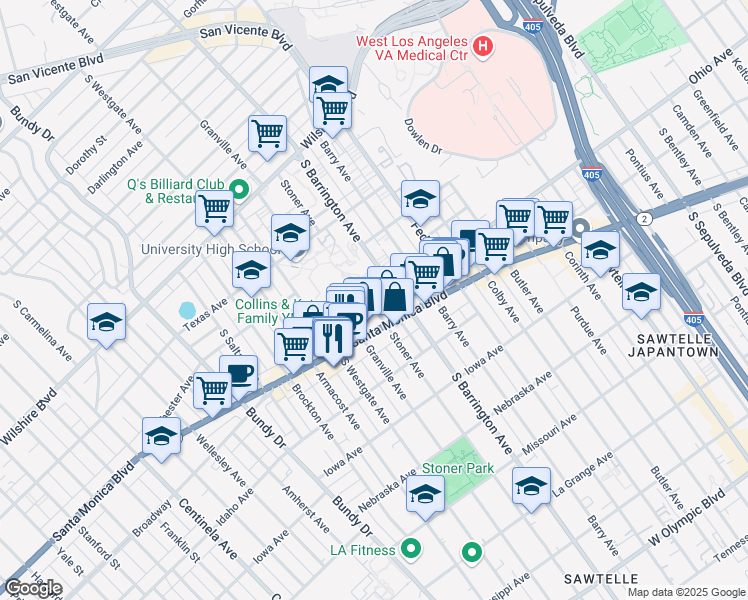 map of restaurants, bars, coffee shops, grocery stores, and more near 11727 Ohio Avenue in Los Angeles