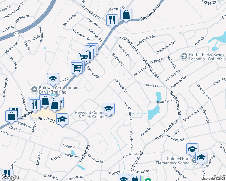 map of restaurants, bars, coffee shops, grocery stores, and more near 1809 Cooperfield Drive in Columbia