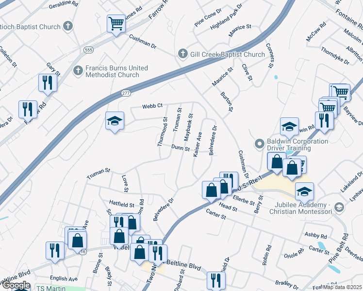 map of restaurants, bars, coffee shops, grocery stores, and more near 3602 Maybank Street in Columbia