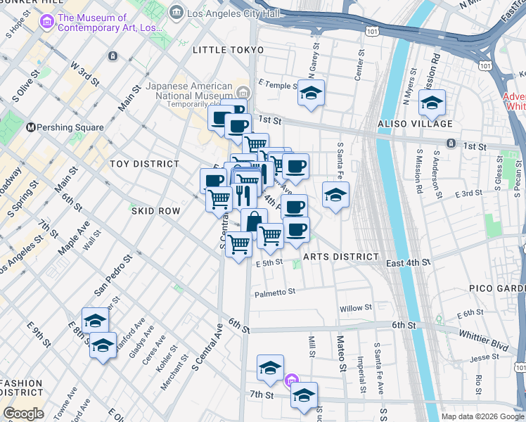 map of restaurants, bars, coffee shops, grocery stores, and more near 330 South Alameda Street in Los Angeles