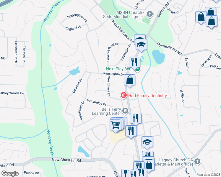 map of restaurants, bars, coffee shops, grocery stores, and more near 607 Whisperwill Drive in Marietta