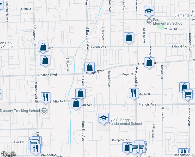 map of restaurants, bars, coffee shops, grocery stores, and more near 3819 East Phillips Boulevard in Pomona