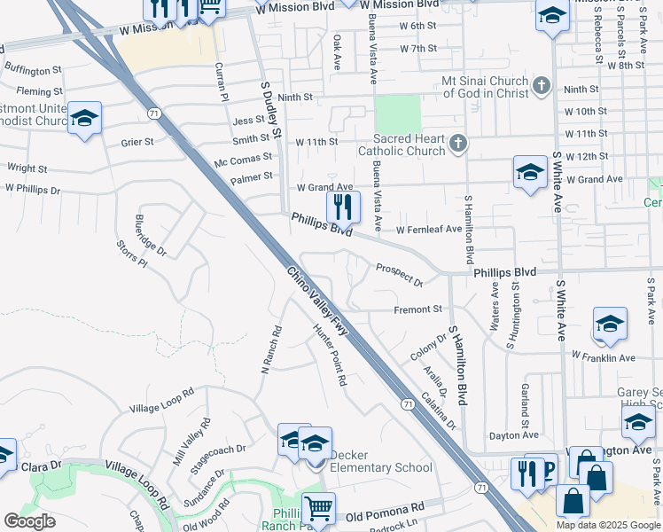 map of restaurants, bars, coffee shops, grocery stores, and more near 1406 Prospect Drive in Pomona