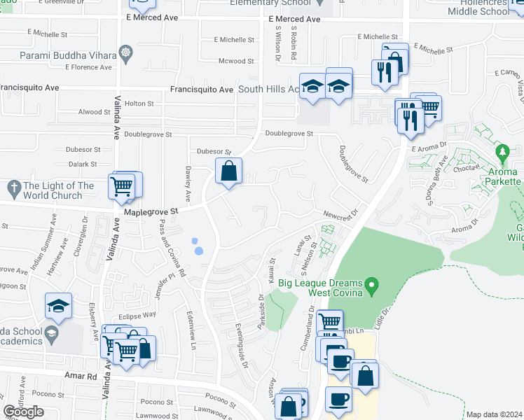 map of restaurants, bars, coffee shops, grocery stores, and more near 1709 Gigar Terrace in West Covina