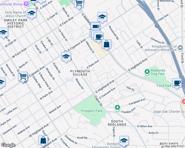 map of restaurants, bars, coffee shops, grocery stores, and more near 814 Salem Drive in Redlands