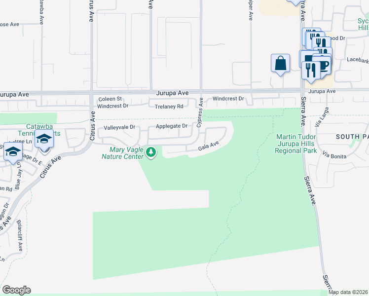 map of restaurants, bars, coffee shops, grocery stores, and more near 16456 Gala Avenue in Fontana