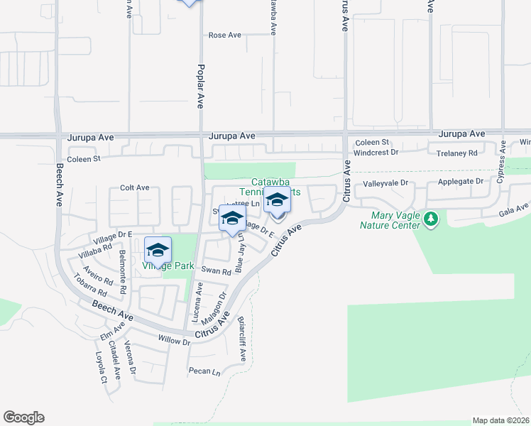 map of restaurants, bars, coffee shops, grocery stores, and more near 11549 Plane Tree Road in Fontana