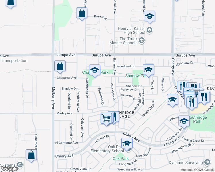 map of restaurants, bars, coffee shops, grocery stores, and more near 11523 Driftwood Drive in Fontana