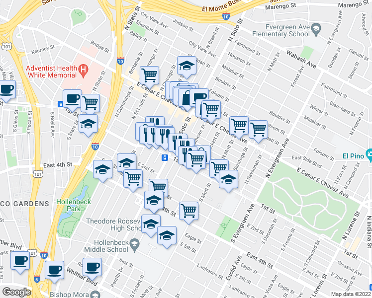 map of restaurants, bars, coffee shops, grocery stores, and more near 116 North Soto Street in Los Angeles