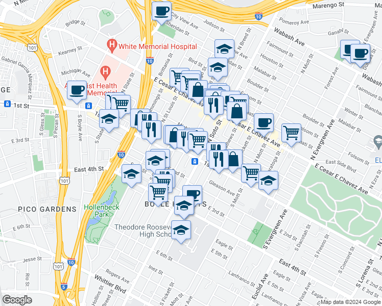 map of restaurants, bars, coffee shops, grocery stores, and more near 2311 East 1st Street in Los Angeles