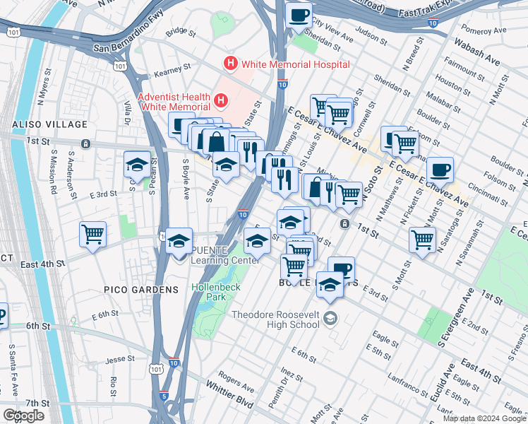 map of restaurants, bars, coffee shops, grocery stores, and more near 2022 East 2nd Street in Los Angeles