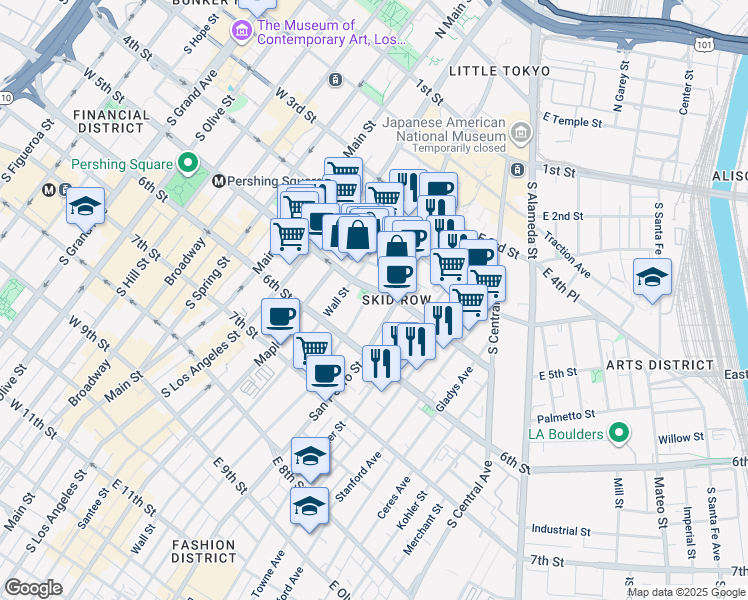 map of restaurants, bars, coffee shops, grocery stores, and more near 518 San Julian Street in Los Angeles