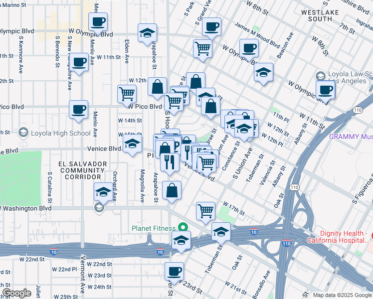 map of restaurants, bars, coffee shops, grocery stores, and more near 1433 Malvern Avenue in Los Angeles