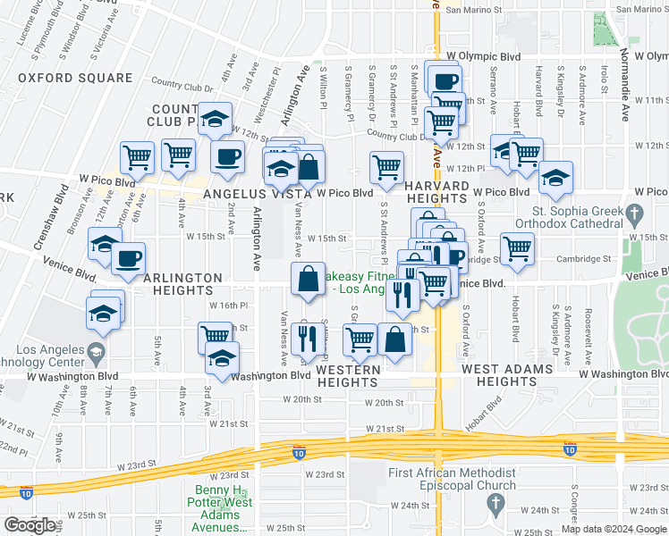 map of restaurants, bars, coffee shops, grocery stores, and more near 1546 South Wilton Place in Los Angeles