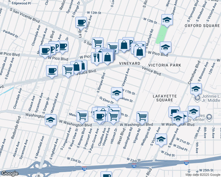 map of restaurants, bars, coffee shops, grocery stores, and more near 4634 West 17th Street in Los Angeles