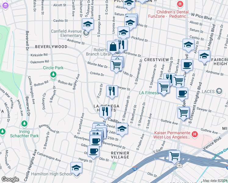 map of restaurants, bars, coffee shops, grocery stores, and more near 1911 Preuss Road in Los Angeles