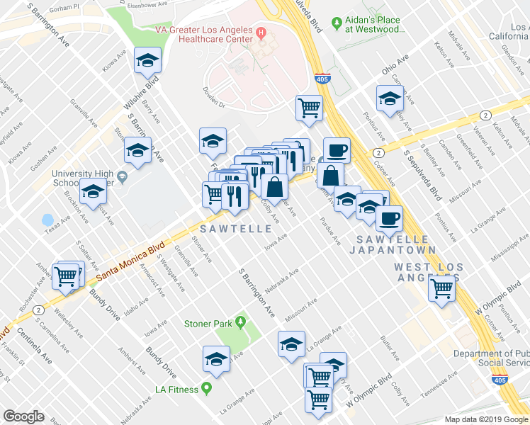 map of restaurants, bars, coffee shops, grocery stores, and more near 1652 Colby Avenue in Los Angeles