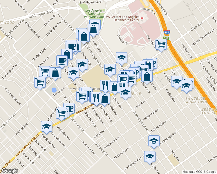 map of restaurants, bars, coffee shops, grocery stores, and more near 11727 Ohio Avenue in Los Angeles