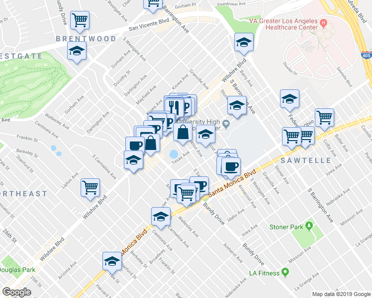 map of restaurants, bars, coffee shops, grocery stores, and more near 1301 Brockton Avenue in Los Angeles