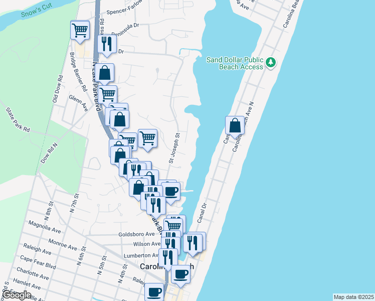 map of restaurants, bars, coffee shops, grocery stores, and more near 1038 Waterview Court in Carolina Beach