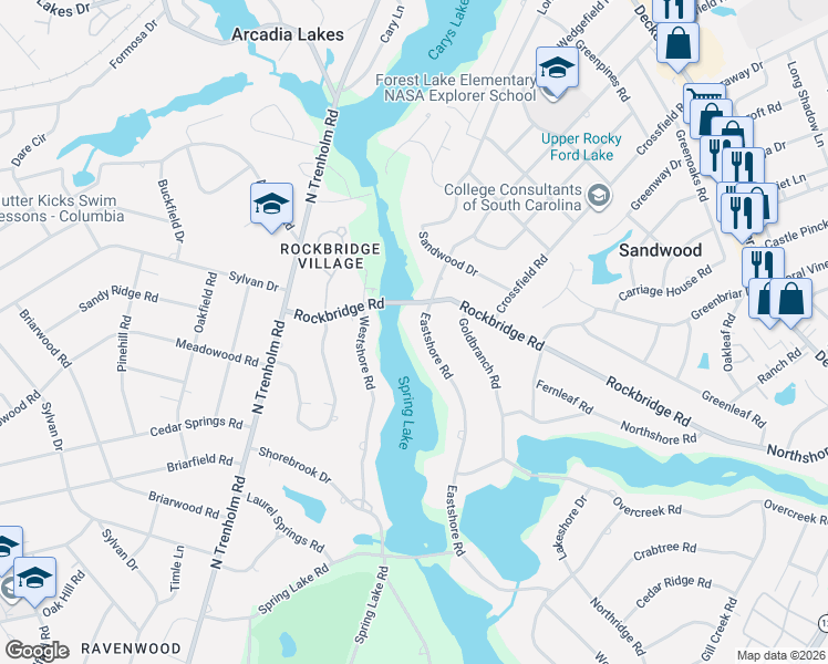 map of restaurants, bars, coffee shops, grocery stores, and more near 6457 Eastshore Road in Columbia