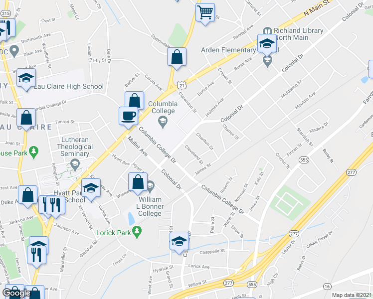 map of restaurants, bars, coffee shops, grocery stores, and more near 1512 Cleveland Street in Columbia