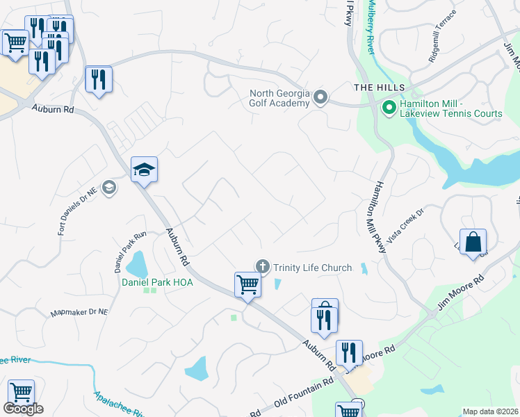 map of restaurants, bars, coffee shops, grocery stores, and more near 3090 McCannon Mill Drive in Dacula