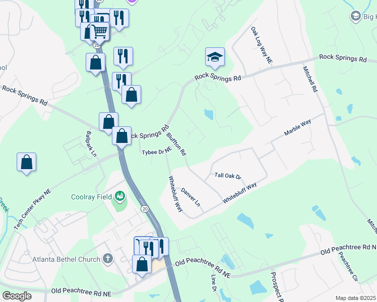 map of restaurants, bars, coffee shops, grocery stores, and more near 2671 Bluffton Road in Buford