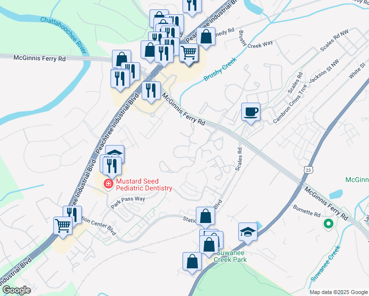 map of restaurants, bars, coffee shops, grocery stores, and more near 4000 McGinnis Ferry Road in Suwanee