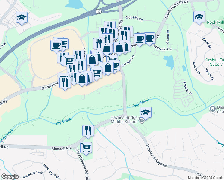 map of restaurants, bars, coffee shops, grocery stores, and more near 3102 Jameson Pass in Alpharetta