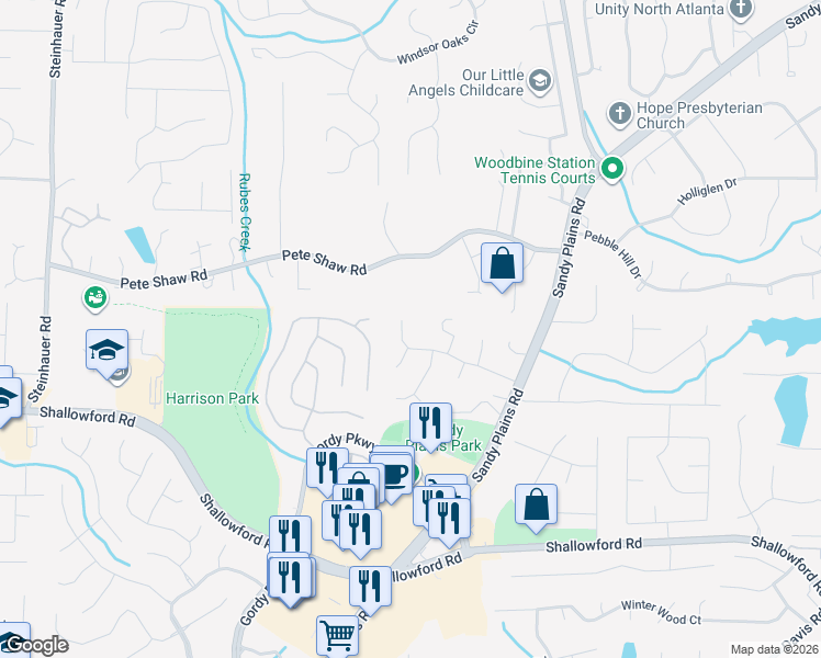 map of restaurants, bars, coffee shops, grocery stores, and more near 3126 Swallow Drive Northeast in Marietta
