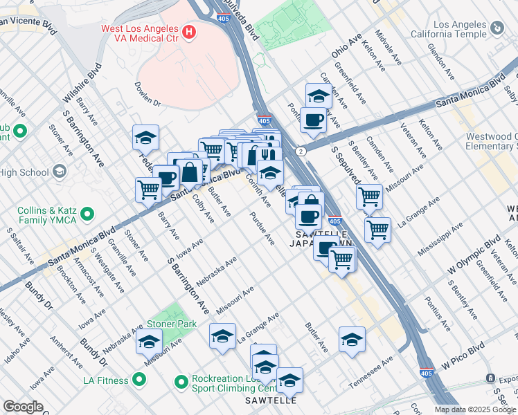map of restaurants, bars, coffee shops, grocery stores, and more near 11346 Iowa Avenue in Los Angeles