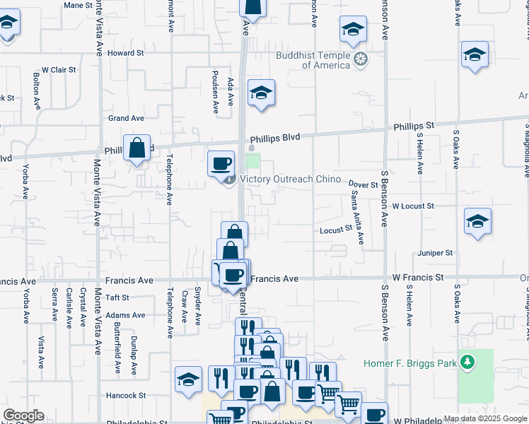 map of restaurants, bars, coffee shops, grocery stores, and more near 5366 Malibu Way in Chino