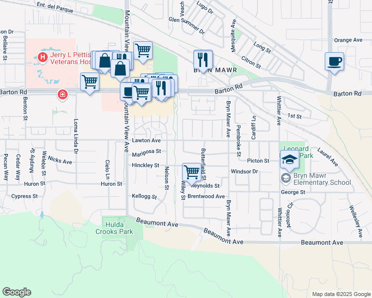 map of restaurants, bars, coffee shops, grocery stores, and more near 25938 Gardner Street in Loma Linda