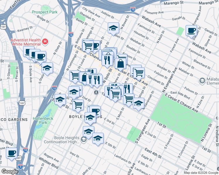 map of restaurants, bars, coffee shops, grocery stores, and more near 116 North Soto Street in Los Angeles