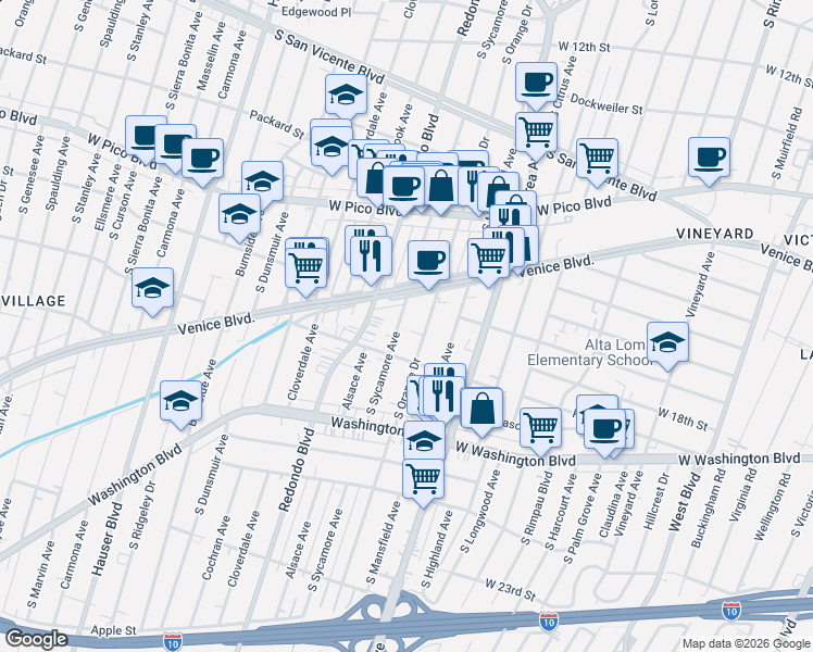 map of restaurants, bars, coffee shops, grocery stores, and more near 1643 South Orange Drive in Los Angeles