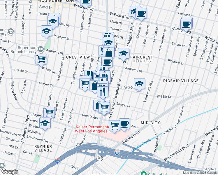 map of restaurants, bars, coffee shops, grocery stores, and more near 6068 West 18th Street in Los Angeles