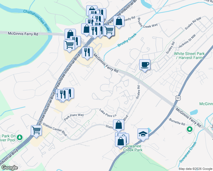 map of restaurants, bars, coffee shops, grocery stores, and more near 4000 McGinnis Ferry Road in Suwanee