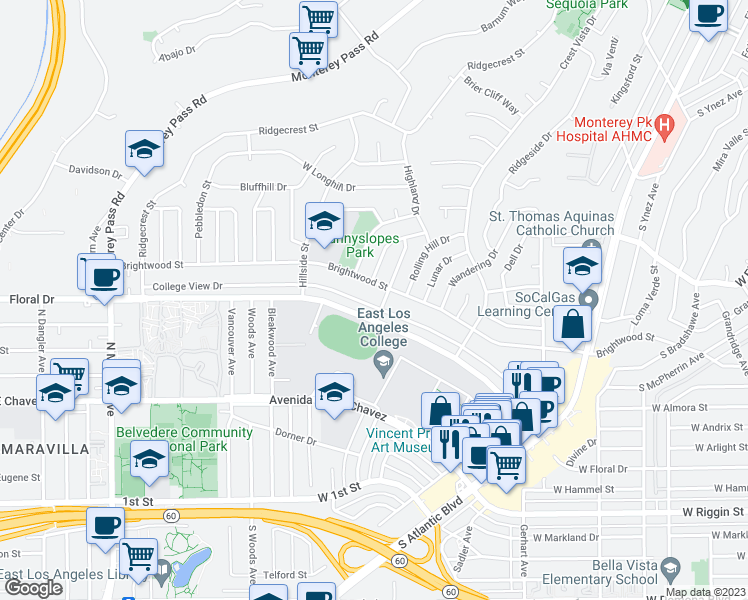 map of restaurants, bars, coffee shops, grocery stores, and more near 1521 College View Drive in Monterey Park