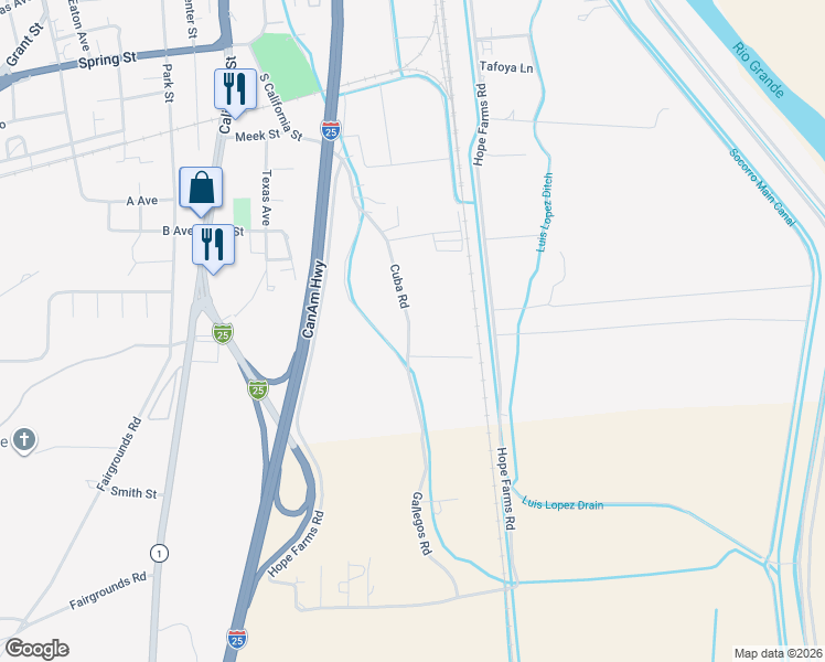 map of restaurants, bars, coffee shops, grocery stores, and more near 1206 Cuba Road in Socorro