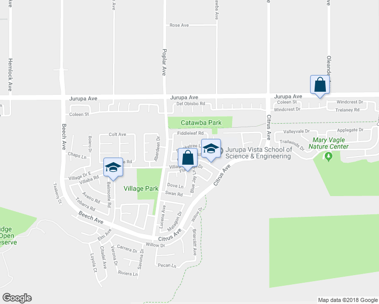 map of restaurants, bars, coffee shops, grocery stores, and more near 15784 Firethorn Road in Fontana