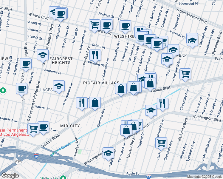 map of restaurants, bars, coffee shops, grocery stores, and more near 1717 South Stanley Avenue in Los Angeles