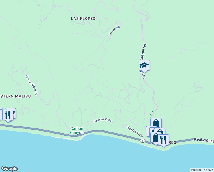 map of restaurants, bars, coffee shops, grocery stores, and more near 3220 Sumac Ridge Road in Malibu