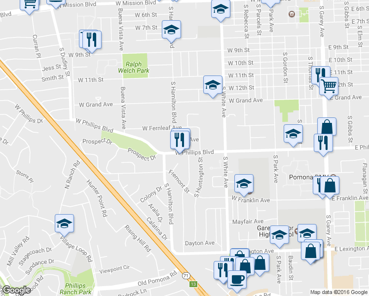 map of restaurants, bars, coffee shops, grocery stores, and more near 1071 West Phillips Boulevard in Pomona
