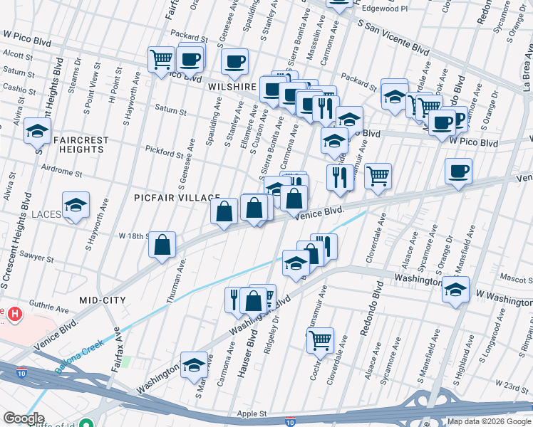 map of restaurants, bars, coffee shops, grocery stores, and more near 1655 Carmona Avenue in Los Angeles